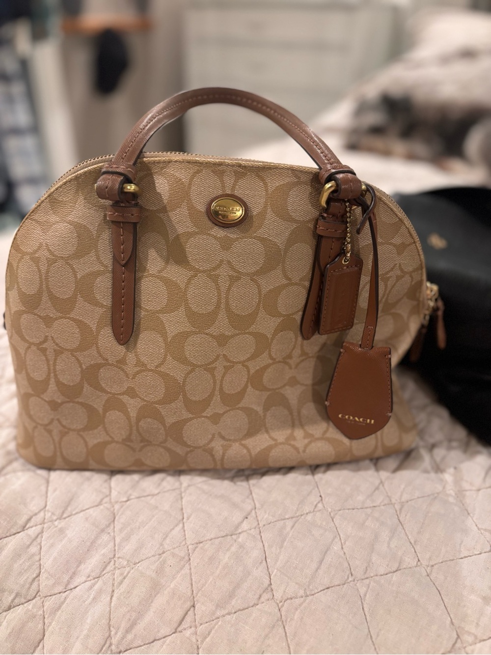 Coach Beige Signature Dome Satchel with Brown Leather Trim
